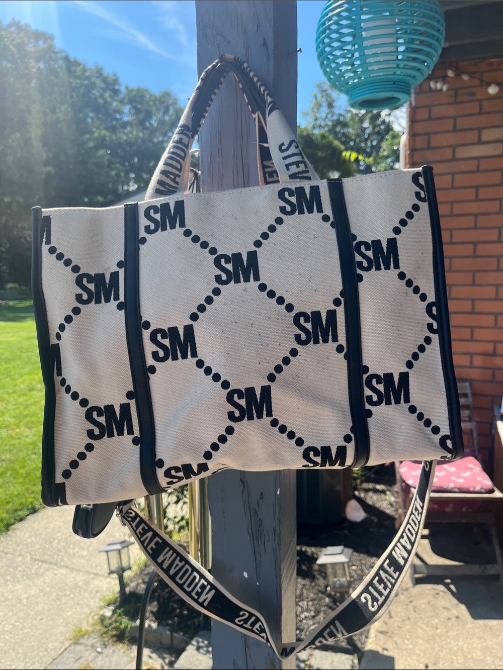 Steve Madden Black & White SM Monogram Canvas Messenger Bag